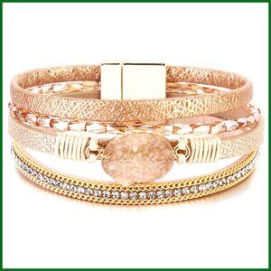 Faux Leather Wrap Bracelet with Crystal Beads and Magnetic Clasp